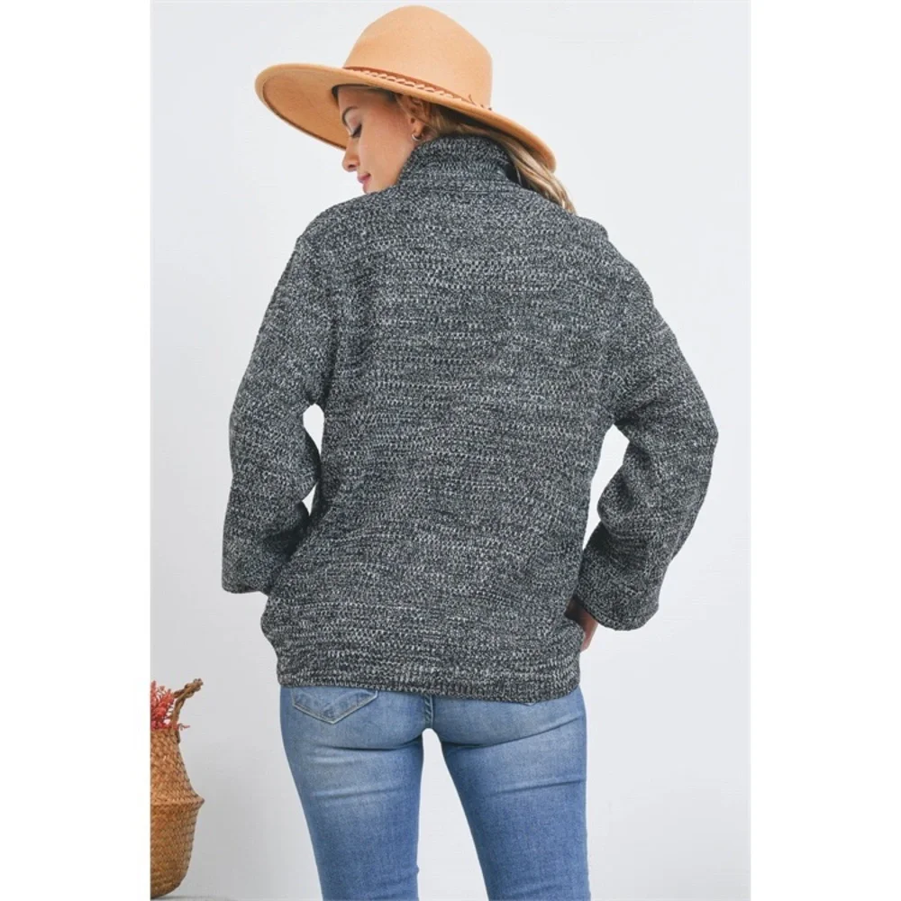 TURTLENECK MELANGE BALLOON SLEEVE SWEATER- BLACK - Picture 9 of 9